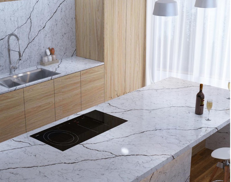 Đảo bếp đá nhân tạo nhỏ nhắn, cao cấp với đường vân đẹp mắt